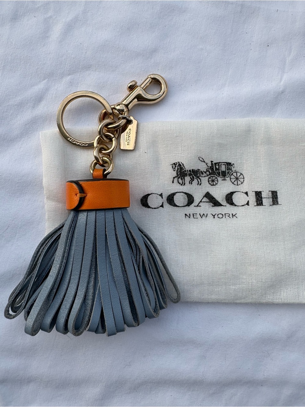 Coach Leather Tassel Keychain FOB Bag Charm Light Blue with Orange Cap No F58505 - Picture 4 of 4
